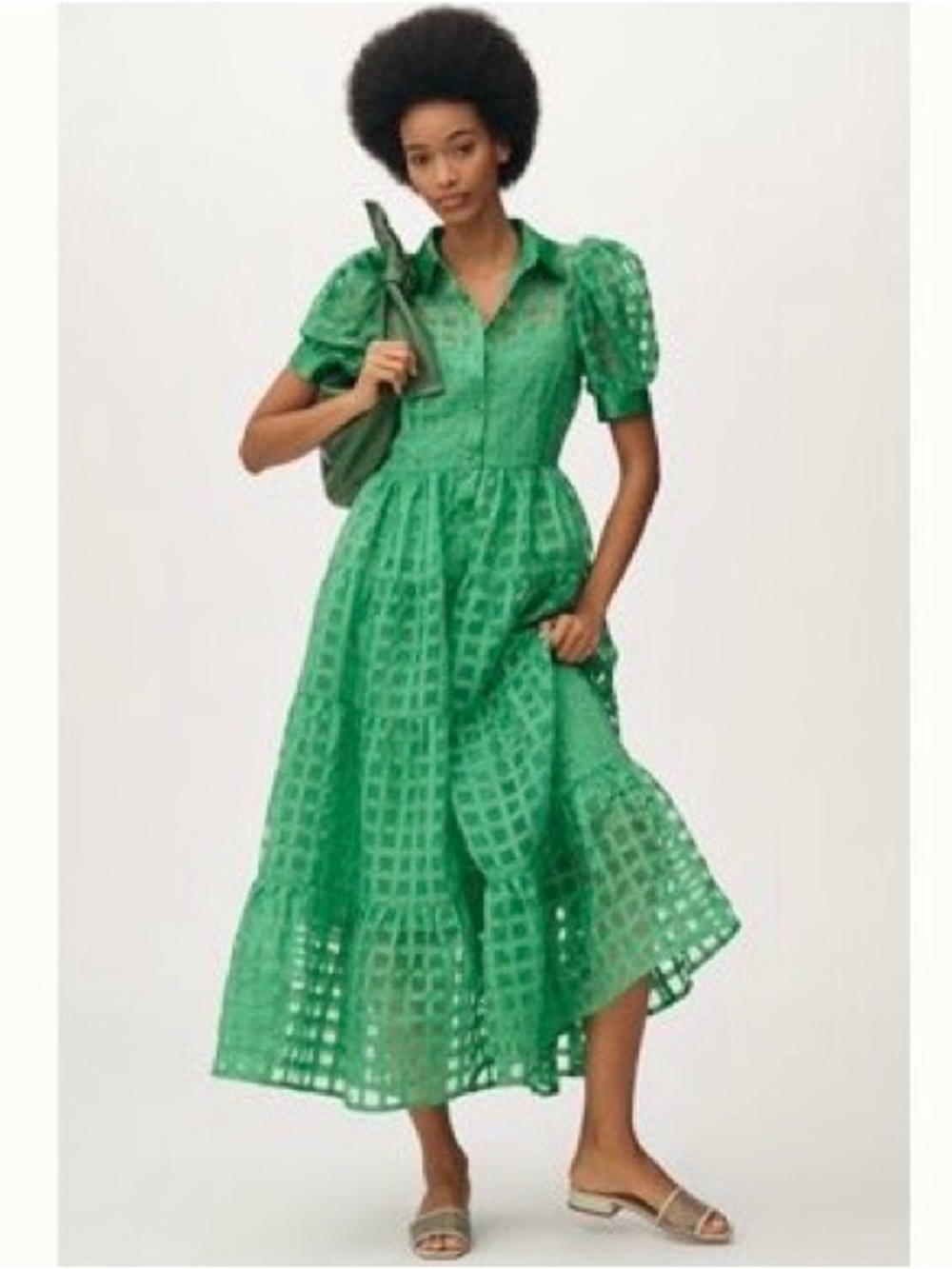 Anthropologie Emerald Puff-Sleeve Checkered Midi Dress M